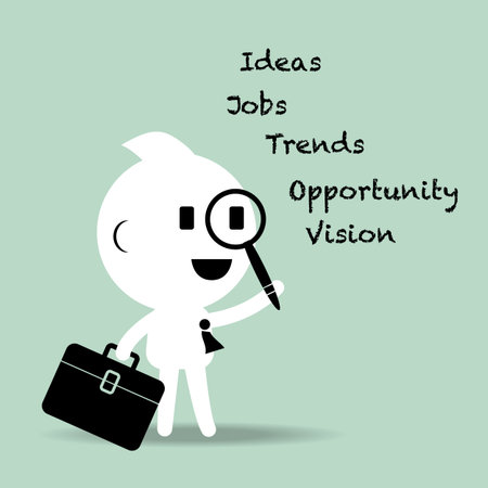 abstract cartoon character businessman looking for ideas, opportunities, visions, jobs, and trendsのイラスト素材