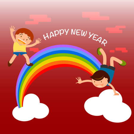 happy kids playing over the rainbow and greeting Happy New Year on red backgroundのイラスト素材