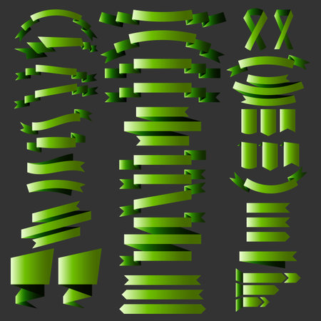 Set of vector collection of decorative design elements; green color ribbons and labels illustration.のイラスト素材