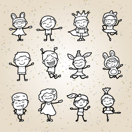 Set of blank cartoon happy kids playing with joyful, for practicing coloringのイラスト素材