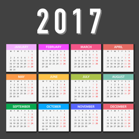 Colorful Calendar for 2017 on White, Grey Background. Week Starts Monday. Simple Vector Templateのイラスト素材