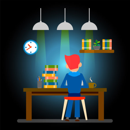 Creative people. Freelancer. Happy Working man. Night work hour. Vector illustration flat design.のイラスト素材