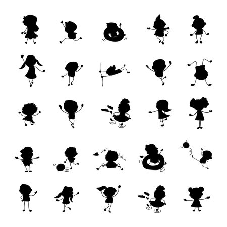 Set of hand drawing isolated happy cute kids line art. abstract people. happiness concept and illustrationのイラスト素材