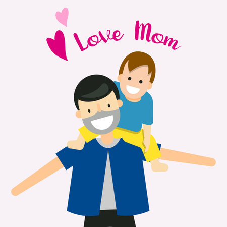 Cartoon character happy family love mom. Happy mothers day. Dad and son say love mom. Abstract people Vector illustration.のイラスト素材