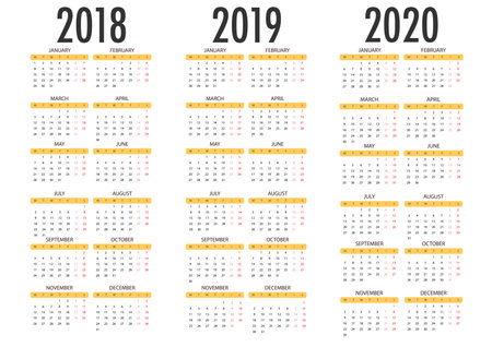 Calendar for 2018 2019 2020 on white background. Week Starts Monday. Simple Vector Templateのイラスト素材