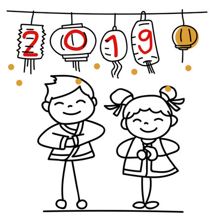 Hand drawing cartoon character Chinese people and kids. Happy Chinese New Year 2019, moon year, lunar year concept. Line art for coloring.のイラスト素材
