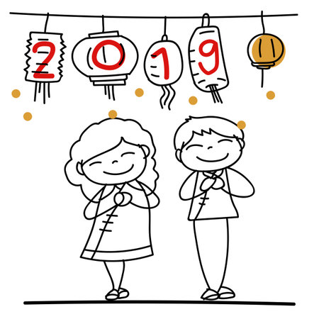 Hand drawing cartoon character Chinese people and kids. Happy Chinese New Year 2019, moon year, lunar year concept. Line art for coloring.のイラスト素材