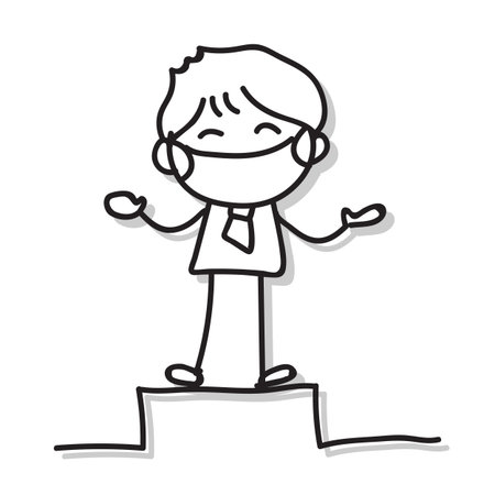hand drawing businessman wear mask standing on top podium fight virus outbreak. businessman wear mask protection effect of corona virus. Covid-19. Vector illustrationのイラスト素材