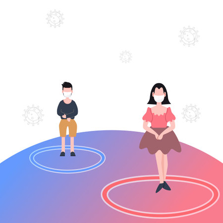 Social distancing concept. People wear mask fight covid-19. Corona virus outbreak pandemic. flat character. Abstract people. Health and medical. Flat design. Vector illustration.のイラスト素材