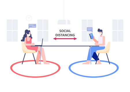 Social distancing concept. People wear mask fight covid-19. Corona virus outbreak pandemic. Flat character Abstract people. Health and medical. Flat design Vector illustration.のイラスト素材