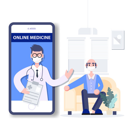 Telemedicine. Online medicine. Medical consultant concept. People wearing mask fight covid-19. Coronavirus outbreak pandemic. Healthcare Science Flat design character abstract people. Vector illustrationのイラスト素材