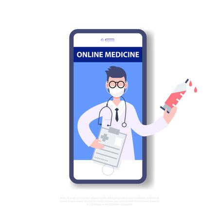 Telemedicine. Online medicine. Medical consultant concept. People wearing mask fight covid-19. Coronavirus outbreak pandemic. Healthcare Science Flat design character abstract people. Vector illustrationのイラスト素材