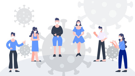 People wearing masks fight covid-19 coronavirus pandemic outbreak. Physical distancing concept. Health care and medical concept. Flat design abstract people vector illustration.のイラスト素材