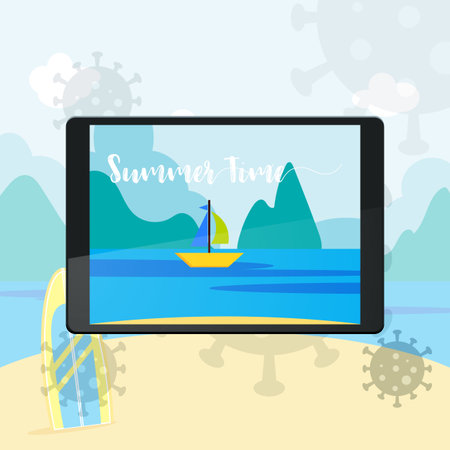 Summer time concept during coronavirus covid-19 pandemic outbreak. Picture of Sailing in the ocean on digital screen.のイラスト素材