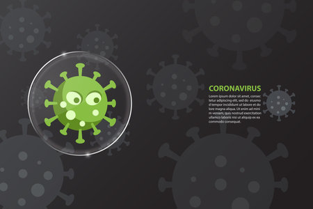 Virus character inside glass lens coronavirus covid-19 on black background. Health care and medical concept. Flat cartoon design.のイラスト素材