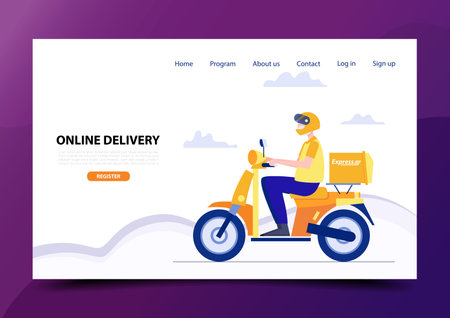Online delivery concept. digital media technology landing page. Flat character abstract people. Business marketing logistic.のイラスト素材