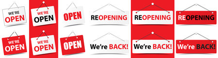 Set of Business door sign We are open and Reopening for unlock marketing after Covid-19 Premium vector designのイラスト素材