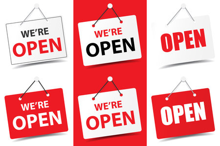 Set of Business door sign We are open for unlock marketing after Covid-19 Premium vector designのイラスト素材