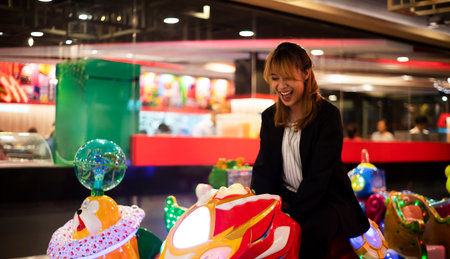 Blond hair woman in black and white clothes enjoy play things at amusement area in shopping mall after meeting with client.の写真素材