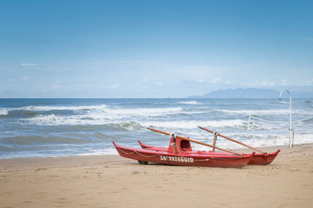 lifeboat on the empty beachの写真素材