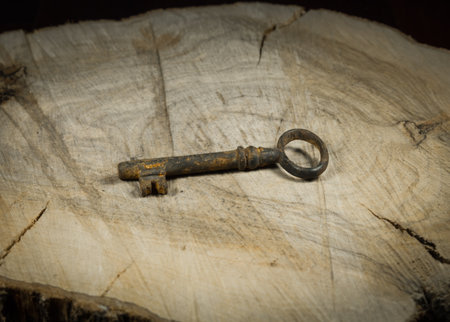Old rusty key on woodの写真素材