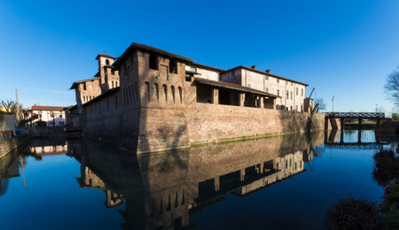 detail of north west edge of the ancient Visconteo Castle and his moat , Pagazzanoのeditorial素材