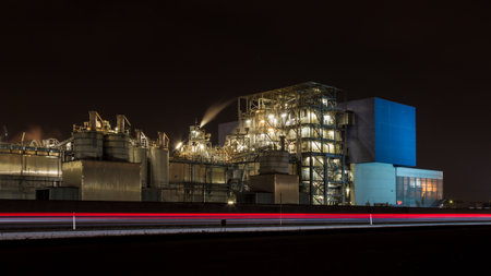 Waste incinerator at night long exposureの写真素材