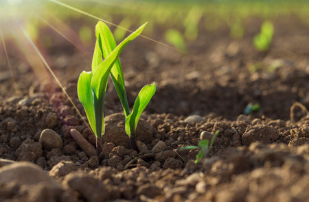 Young wheat seedlings growing in a soilの写真素材