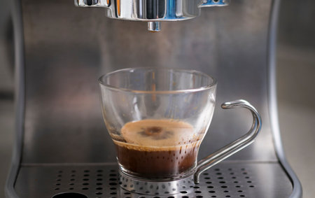Espresso coffee preparation in a glass cupの写真素材