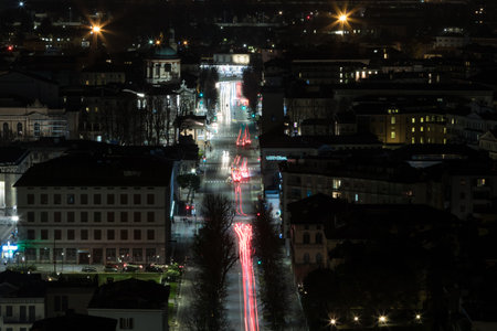 Cityscape of Bergamo, Lombardy, 14 march 2019, bergamo night view seen from CittÃ  alta walls.のeditorial素材