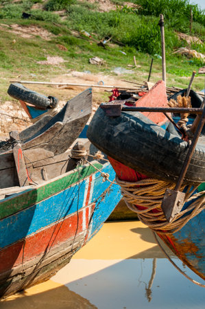 Detail of two wooden boats in Cambodia asiaの写真素材