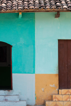 Two doors with colorful walls in Granada, Nicaragua, Central americaの写真素材
