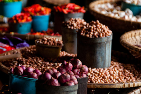 Peeled Nuts and Onions In Little Buckets at local market in Tana Toraja, Sulawesi, Indonesia
