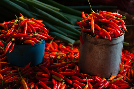 Red Chillies in bucket and laying around at local market in Tana Toraja, Sulawesi Indonesiaの写真素材