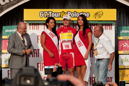 KATOWICE - AUGUST 3  JANIACZYK Blazej  TEAM POLAND BANK BGZ , most active competitor after the 3rd stage, celebrates at podium during the 67 Tour de Pologne 2010 August 3, 2010 in Katowice, Poland のeditorial素材