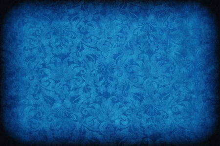 Blue dark wall with old floral pattern background or textureの写真素材