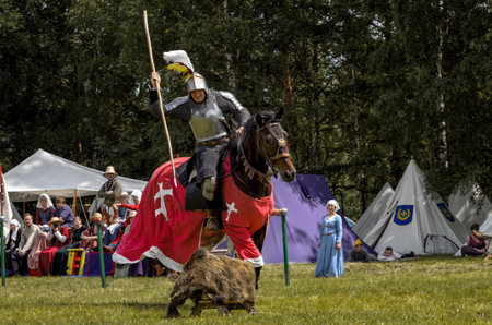 CHORZOW,POLAND, JUNE 9: Medieval knight on horseback showing their skills during a IV Convention of Christian Knighthood on June 9, 2013, in Chorzowのeditorial素材