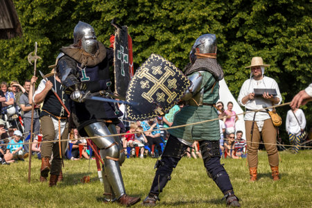 CHORZOW,POLAND, JUNE 9: Fight of medieval knights during a IV Convention of Christian Knighthood on...