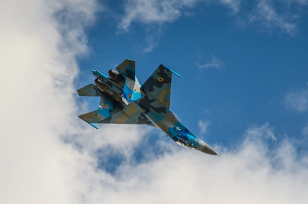 RADOM, POLAND - AUGUST 25: Ukrainian SU-27 display during Air Show 2013 event on August 25, 2013 in Radom, Polandのeditorial素材