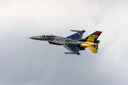 RADOM, POLAND - AUGUST 25: Turkish F-16 Falcon - Soloturk Display Team during Air Show 2013 event on...