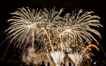 Colorful fireworks of various colors over night sky with spectatorsの写真素材