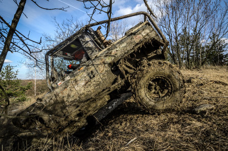 OGRODZIENIEC, POLAND - March 19. Off-road "Penrite H6" 4x4 competition on March 19, 2016 in Ogrodzieniec, Polandのeditorial素材