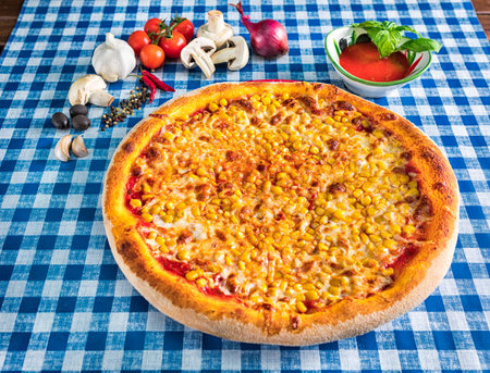 Sweetcorn pizza with cheeseの写真素材