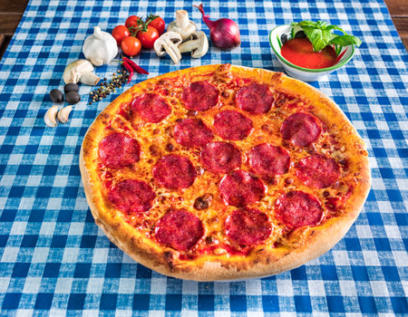 Salami and cheese pizzaの写真素材