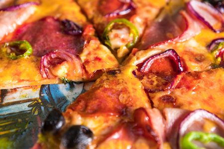 Salami pizza close upの写真素材