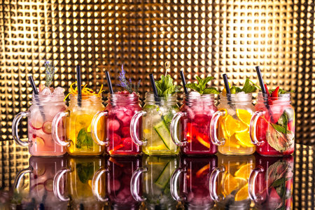 Multiple colorful cocktail lemonade with fresh fruits in vintage jars on golden backdropの写真素材