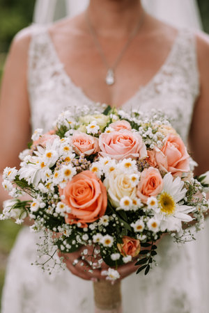 Bride holding the wedding bouquet with pink and white flowers on white wedding dressの写真素材