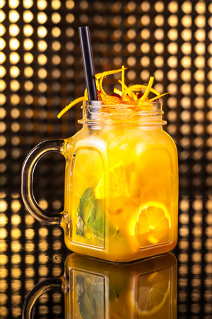 Yellow fruit cocktail lemonade with fresh lemon in vintage jar with ice cubes on golden backdropの写真素材