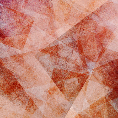 abstract red orange background with distressed grainy texture and white faded grunge rectangle and triangle shapes layered in random patternの写真素材