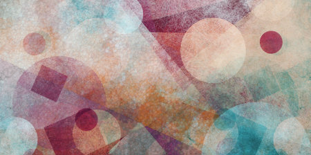 abstract modern geometric background design with various textures and shapes, floating circles squares diamonds and triangles in orange white blue and burgundy pink colors, artistic composition layoutの写真素材